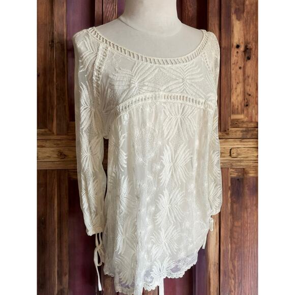 Fairy Sheer Ivory Embroidered Coquette Cottagecore Cotton Boho Blouse Tunic M - Picture 1 of 9